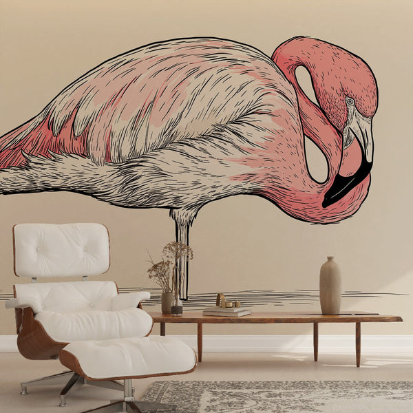 Flamingo Wallpaper | Stylized Pink Flamingo on a Light Ground