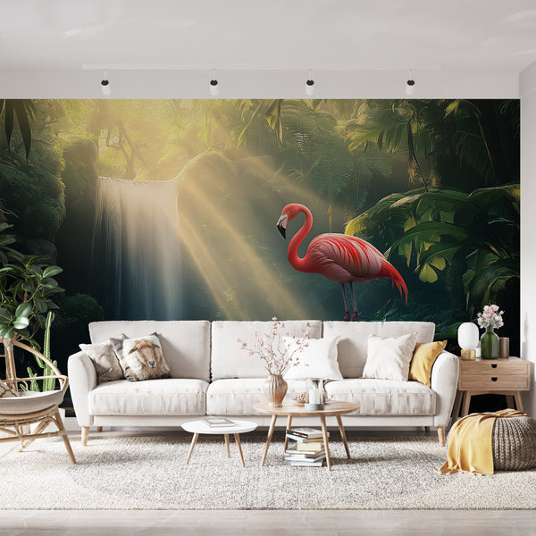 Flamingo Waterfall Wallpaper | Majestic Tropical Wall Mural