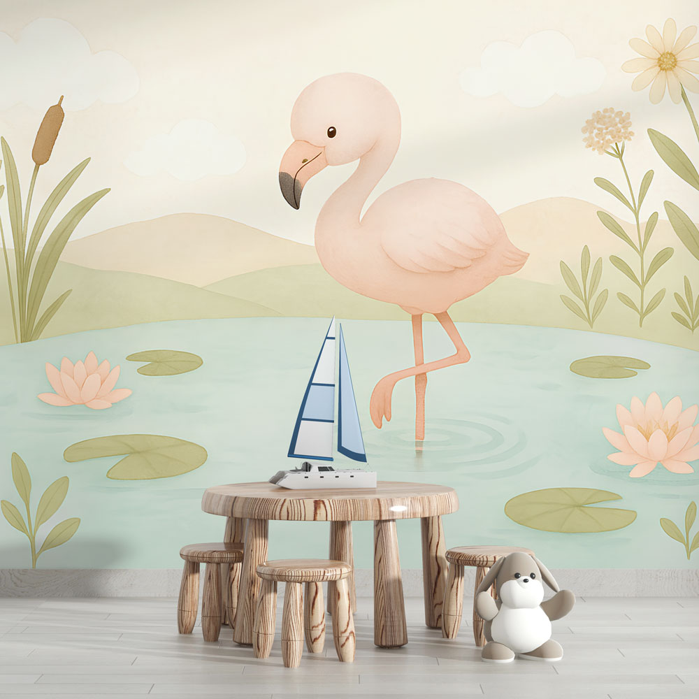Flamingo Wallpaper | Delicate Flamingo Among Water Flowers