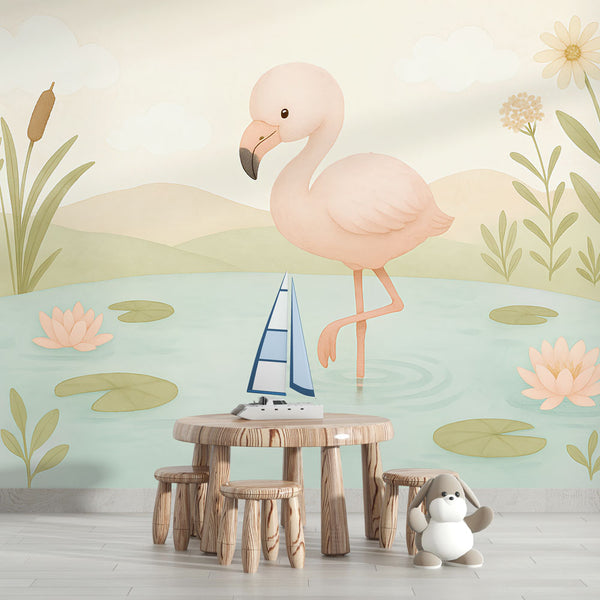 Flamingo Wallpaper | Delicate Flamingo Among Water Flowers