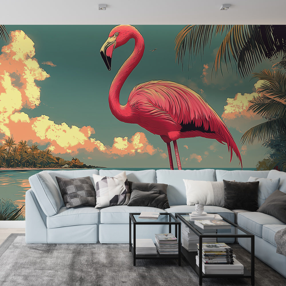 Flamingo Seaside Wallpaper | Vibrant Tropical Beach Wall Mural