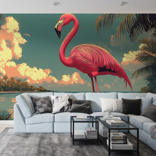 Flamingo Seaside Wallpaper | Vibrant Tropical Beach Wall Mural