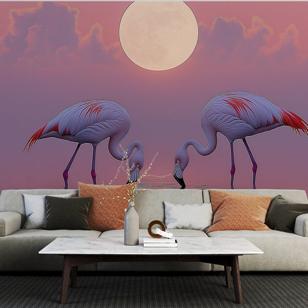 Pink Flamingos Wallpaper | Sunset Moonlit Elegant Birds Wall Mural