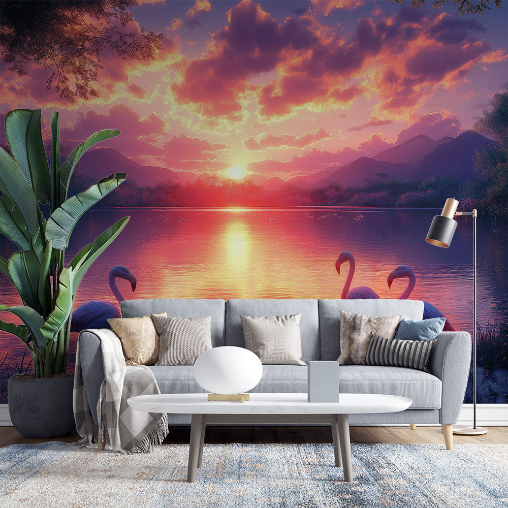 Pink Flamingos Wallpaper | Sunset Lake Wall Mural