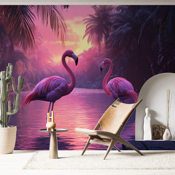 Pink Flamingos Wallpaper | Tropical Landscape Sunset Wall Mural