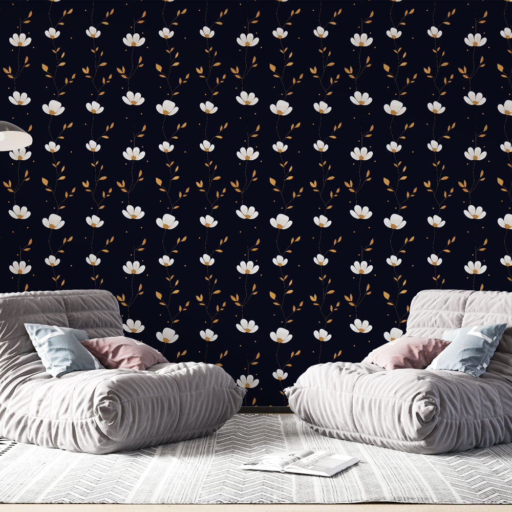 Gilded Night Wallpaper | White Bloom & Gold Foliage