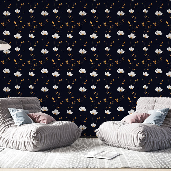 Gilded Night Wallpaper | White Bloom & Gold Foliage
