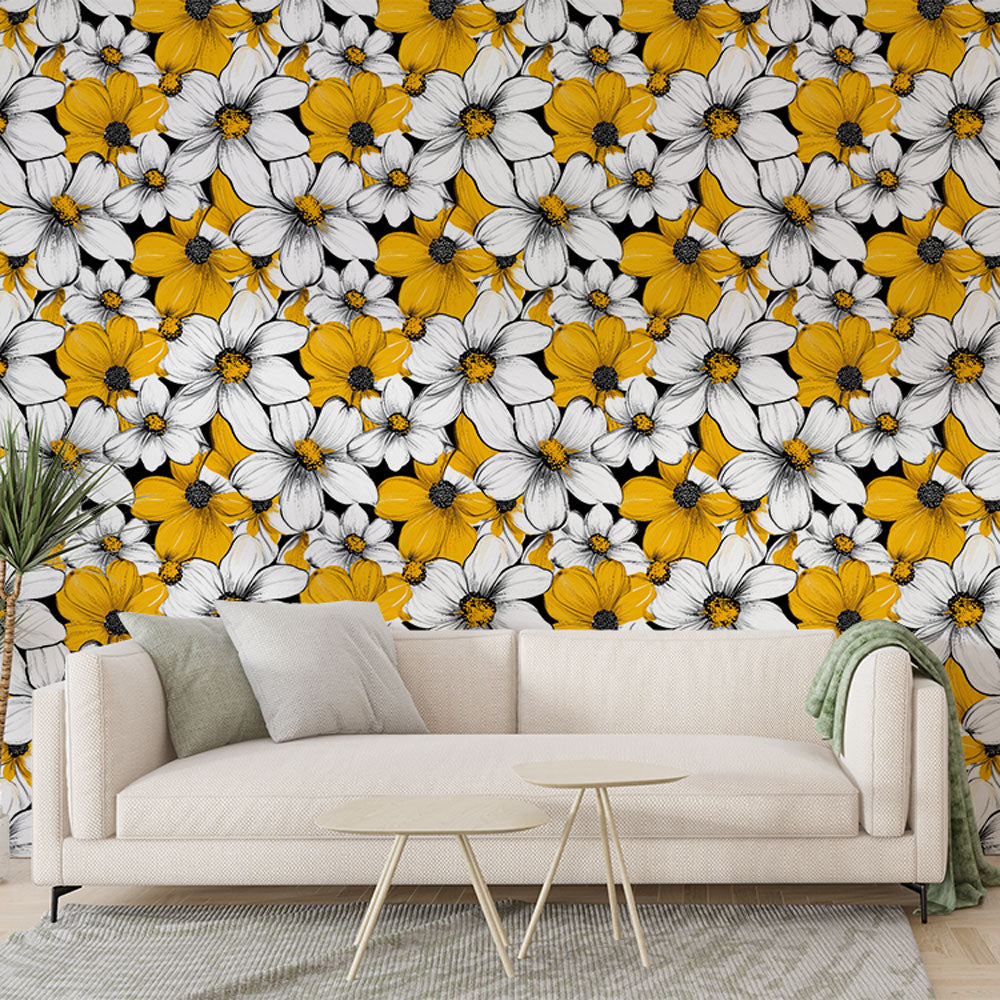 Yellow and White Floral Wallpaper on Black