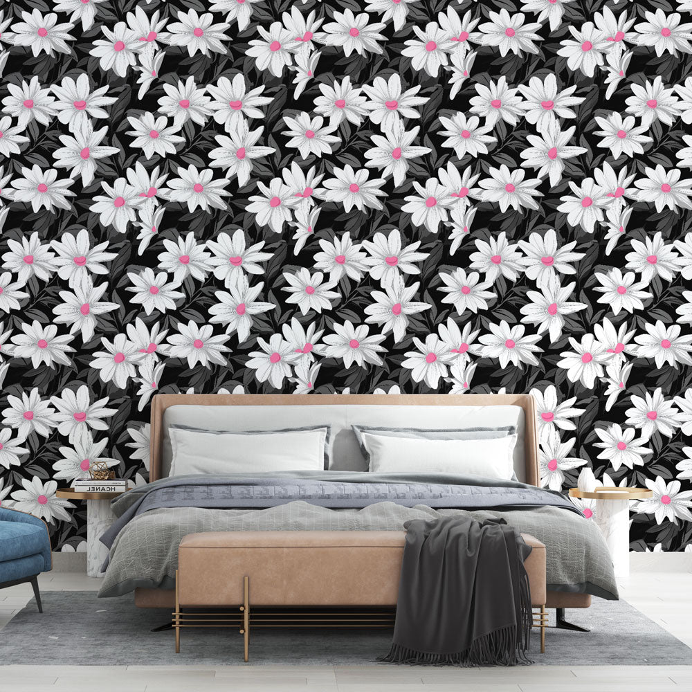 White & Pink Floral Wallpaper | Botanical Mural on Black
