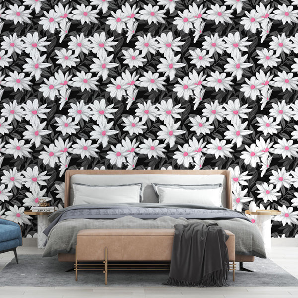 White & Pink Floral Wallpaper | Botanical Mural on Black