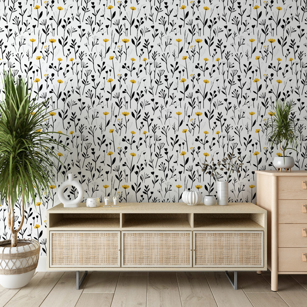 Flowery Wallpaper | Black and Yellow Blossom Wall Mural