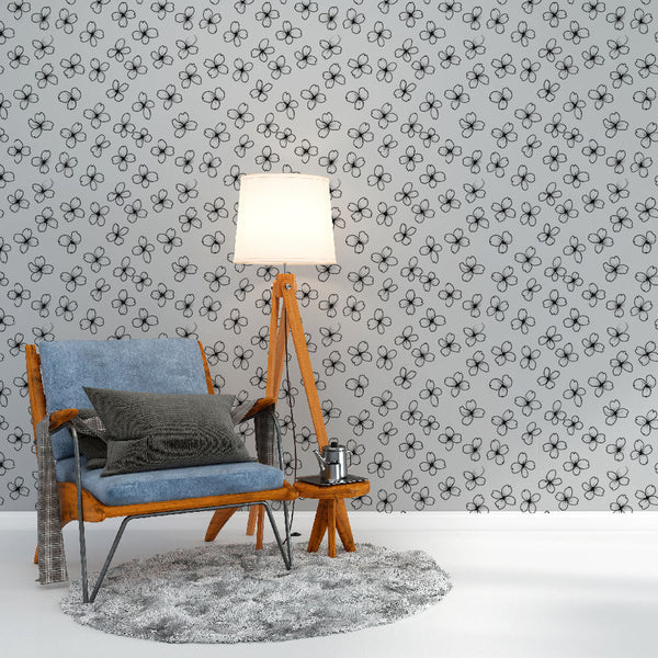 Floral Outline Wallpaper | Black Contour Blooms on White