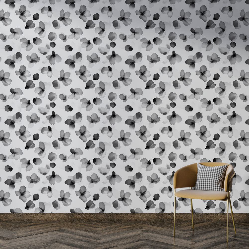 Black White Watercolor Flowers Wallpaper Mural