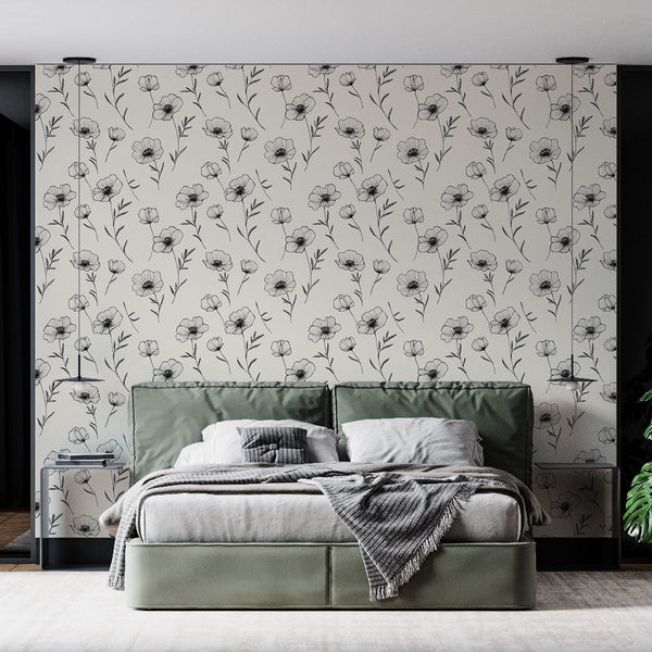Black White Floral Wallpaper | Cream Background Wall Mural