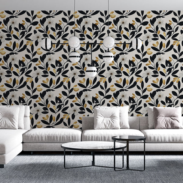 Black, Gold & White Floral Wallpaper | Leafy Botanical Mural