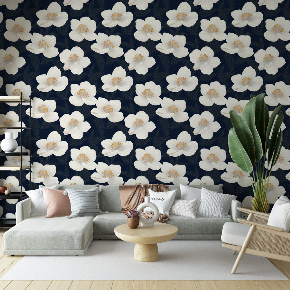 White Flower Wallpaper | Blooms on a Navy Blue Ground