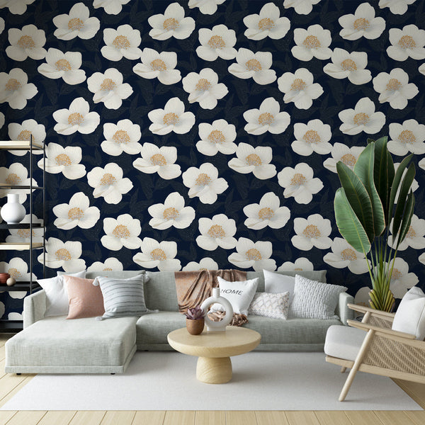 White Flower Wallpaper | Blooms on a Navy Blue Ground