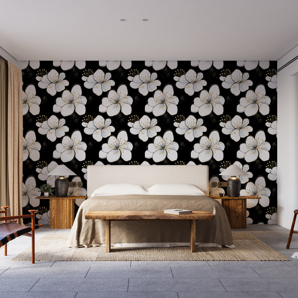 White Blooms Wallpaper | Black & Gold Wall Mural