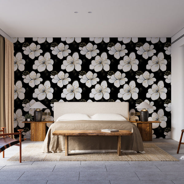White Blooms Wallpaper | Black & Gold Wall Mural