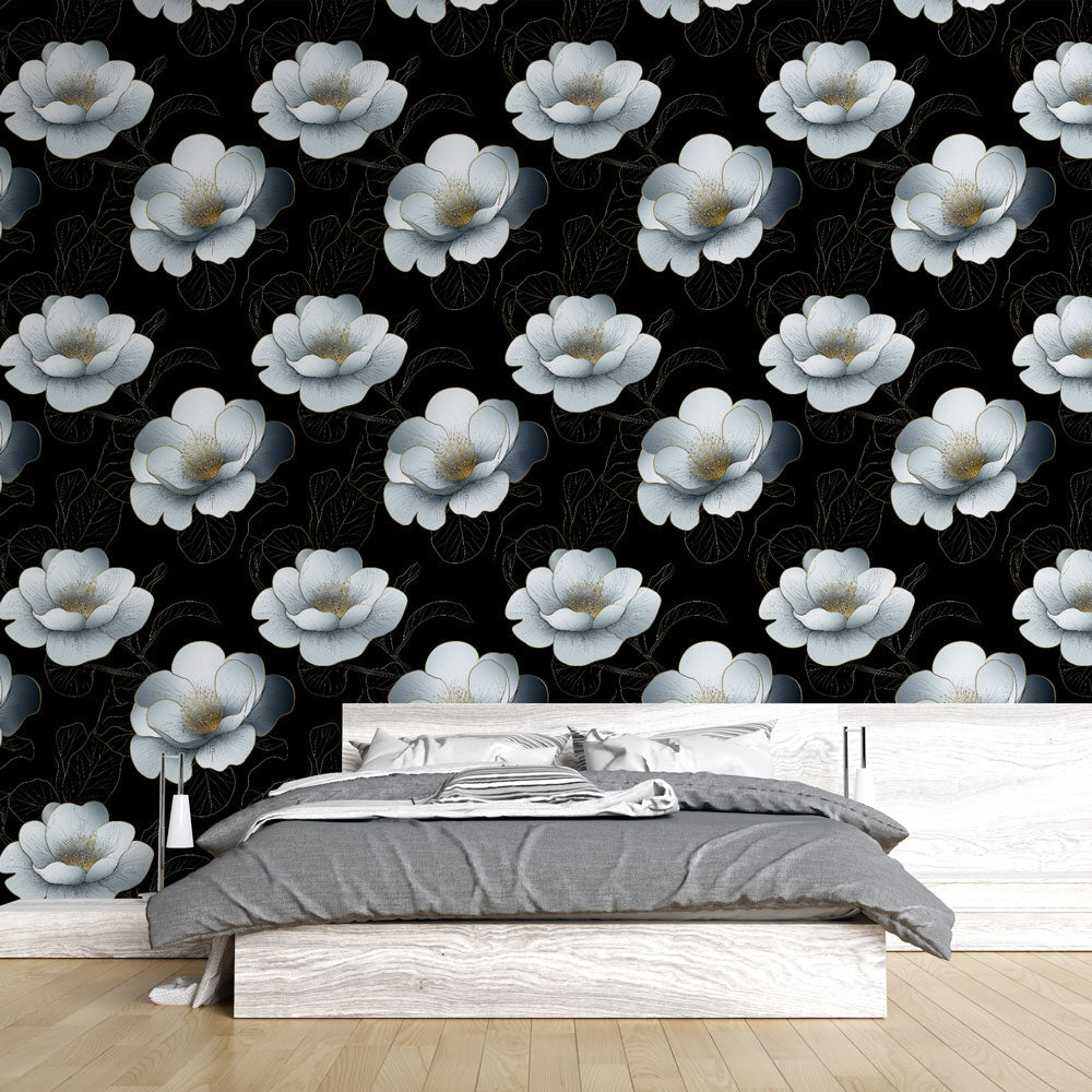 Elegant White Flowers Wallpaper | Black Wall Mural