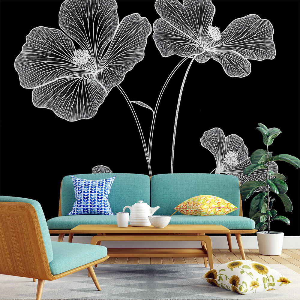 Elegant White Flowers Wallpaper | Black Background Mural