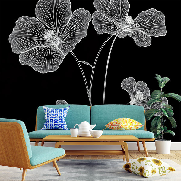 Elegant White Flowers Wallpaper | Black Background Mural