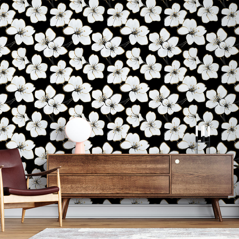 Elegant White Blooms Wallpaper | Black Wall Mural