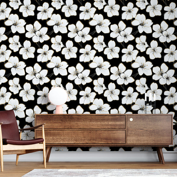 Elegant White Blooms Wallpaper | Black Wall Mural