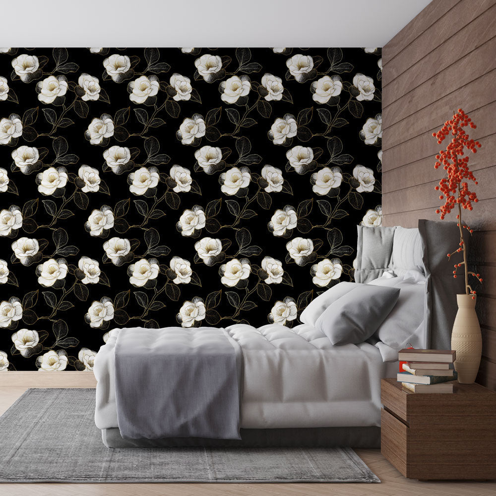White Roses Wallpaper | Black Background Wall Mural