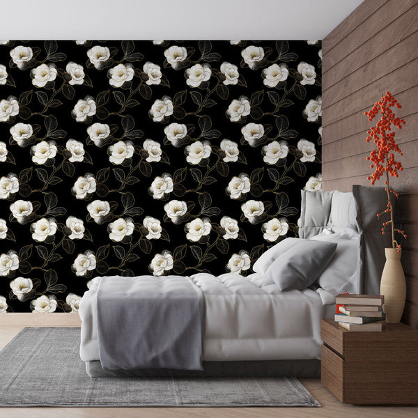 White Roses Wallpaper | Black Background Wall Mural