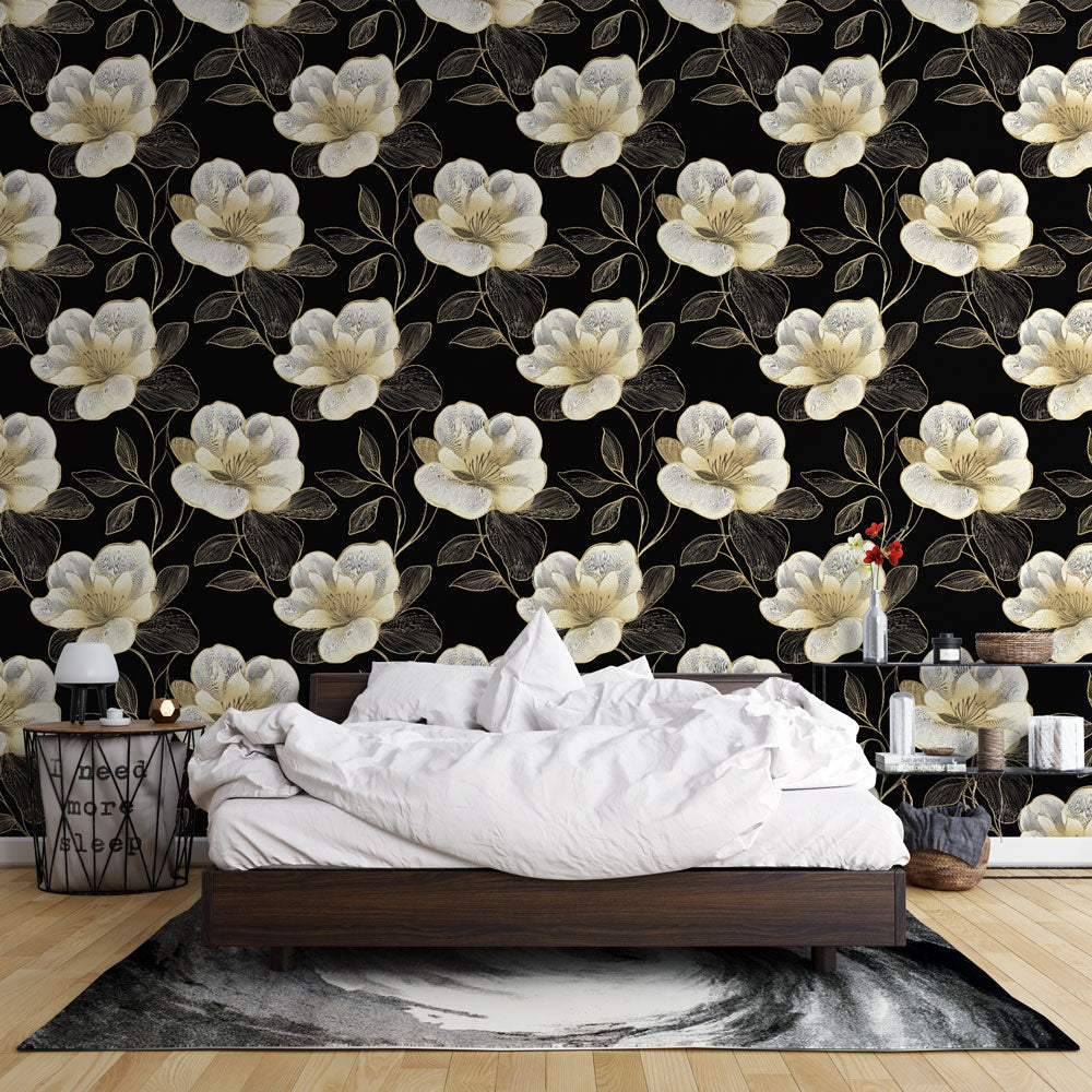 White & Gold Floral Wallpaper | Bloom Mural on Black