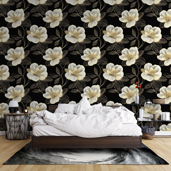 White & Gold Floral Wallpaper | Bloom Mural on Black