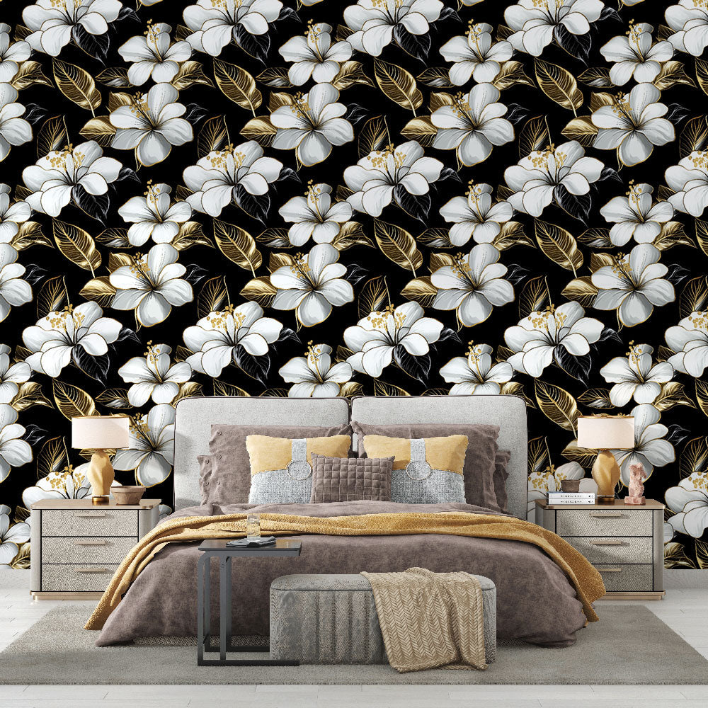 White Gold Floral Wallpaper | Black Background Wall Mural
