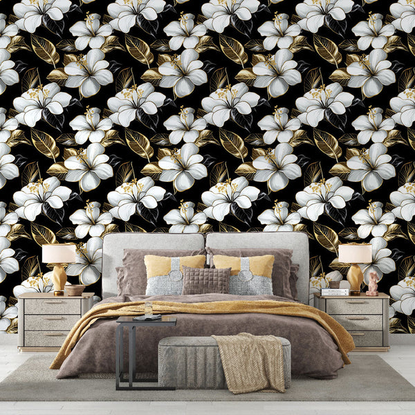 White Gold Floral Wallpaper | Black Background Wall Mural