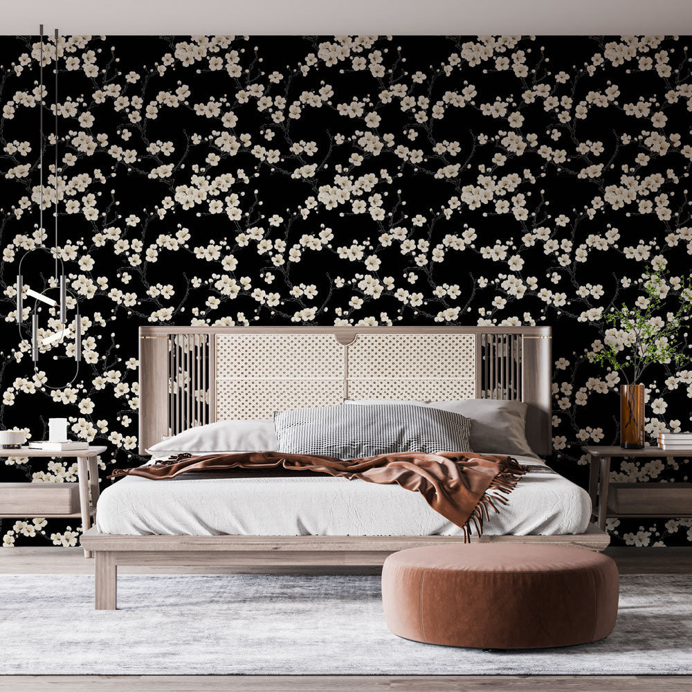 White Blossoms Wallpaper | Delicate Branches on Black Wall Mural