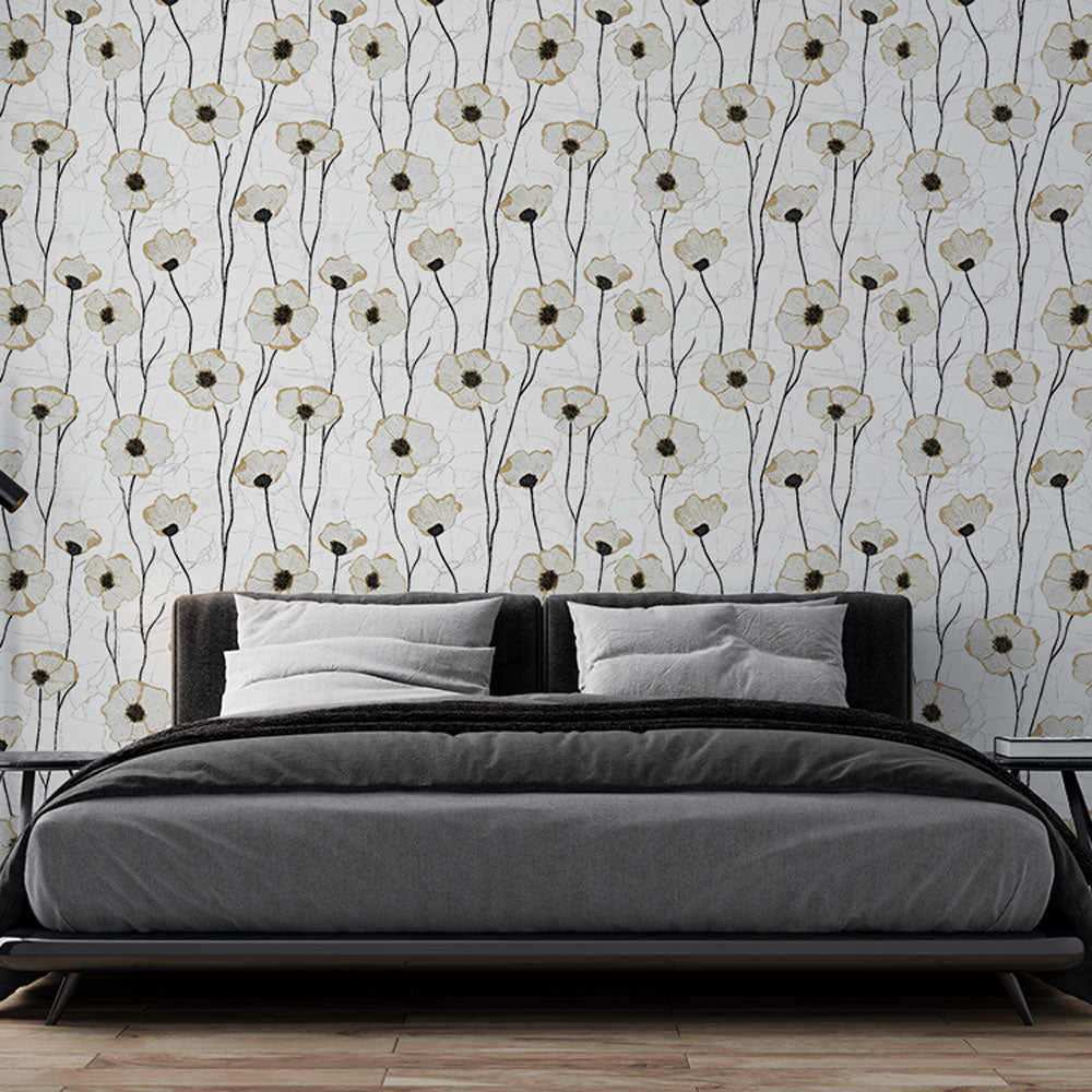 White Flowers Wallpaper | Black Detail Bloom Wall Mural