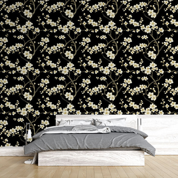 White Flowers Wallpaper | Branches on Black Mural