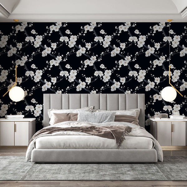 White Flowers Wallpaper | Delicate Blooms on Black Wall Mural