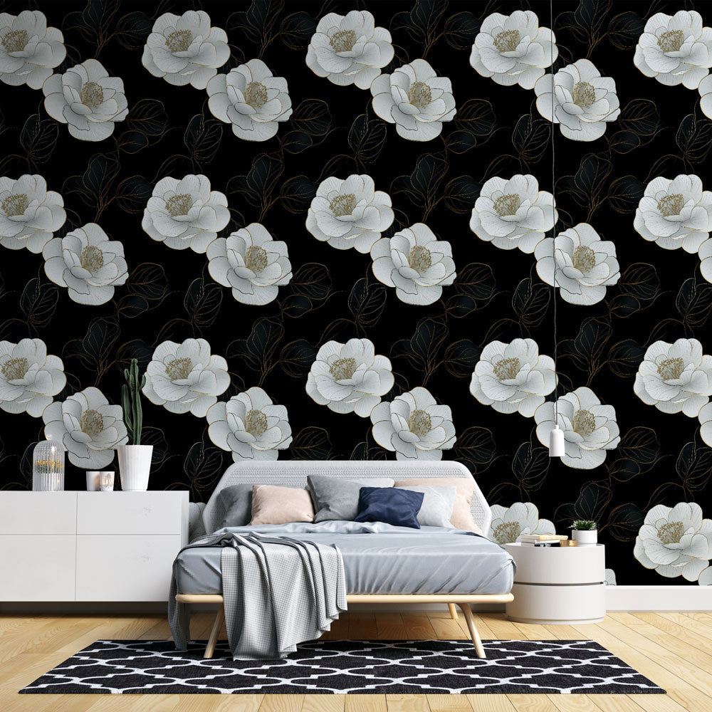 White Flowers on Black Wallpaper | Wall Mural
