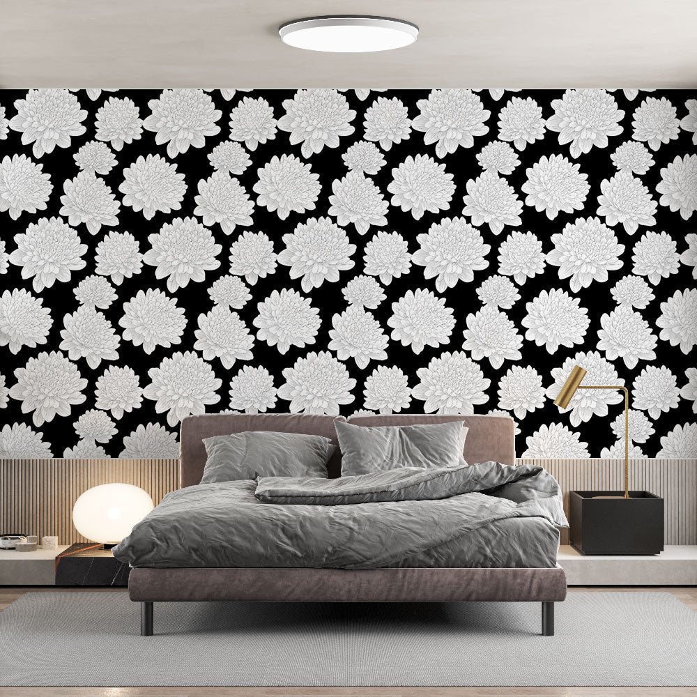 White Flowers Wallpaper | Delicate Floral Wall Mural on Black