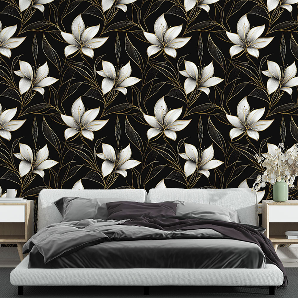 White Flowers on Black Wallpaper | Gilded Floral