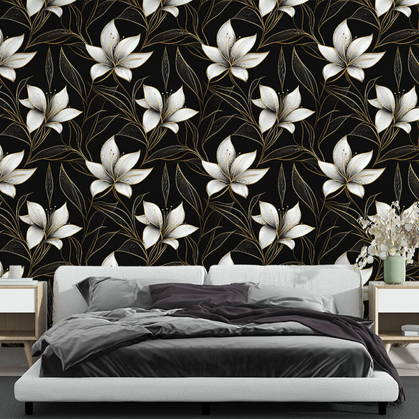 White Flowers on Black Wallpaper | Gilded Floral