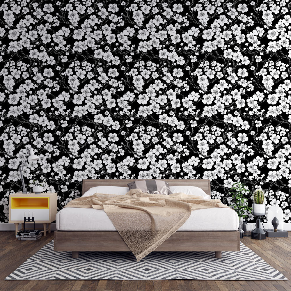 White Florals Black Monochrome Wallpaper Mural
