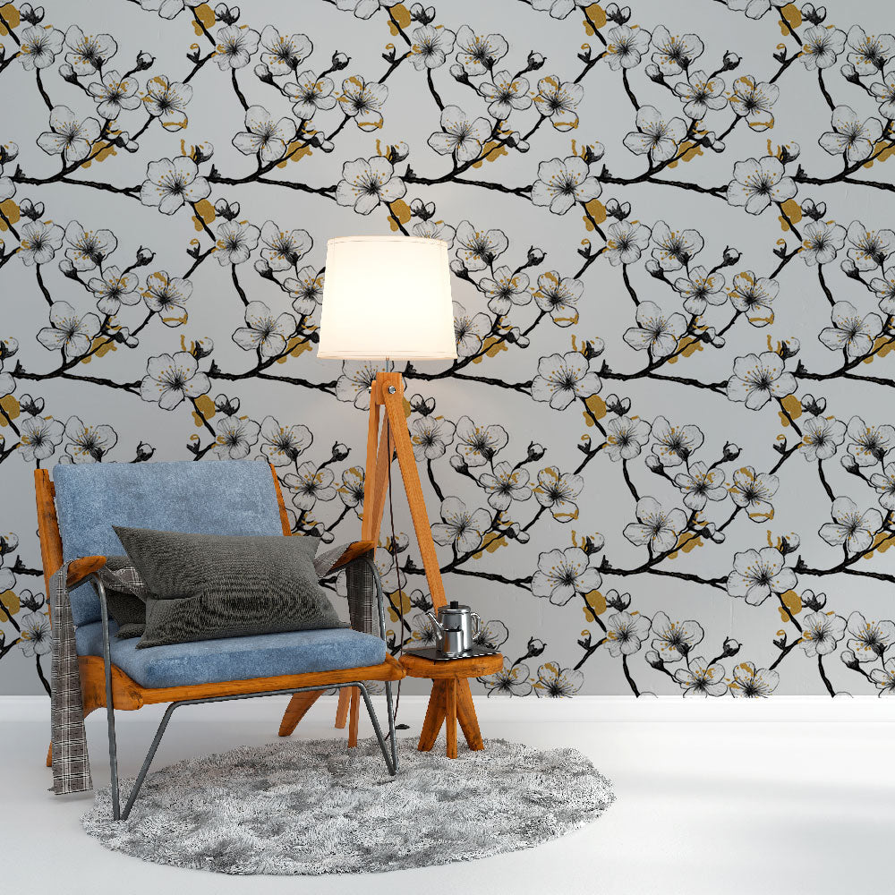 Cherry Blossom Wallpaper | Black, White & Gold Wall Mural
