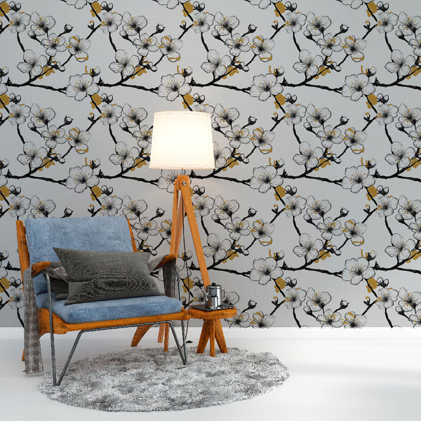 Cherry Blossom Wallpaper | Black, White & Gold Wall Mural