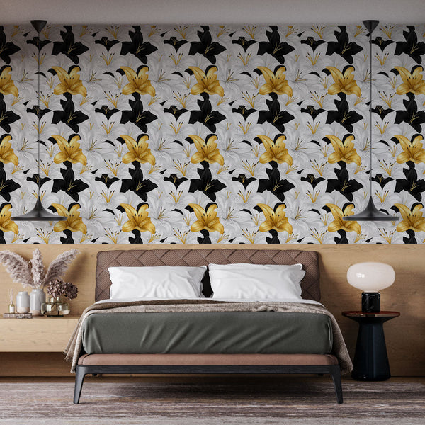 Lily Flowers Wallpaper | Black White & Gold Mural
