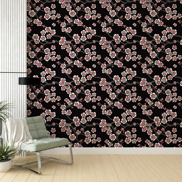 Plum Blossom Wallpaper | Pink Flowers on Black Wall Mural