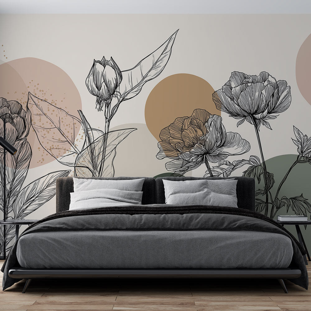 Delicate Floral Wallpaper | Black Line Blooms on Pastel