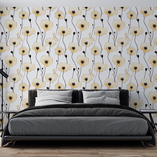 Beige poppies with black centers wallpaper on white for refined sophisticated bedroom decor