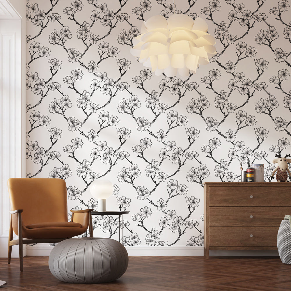 Delicate Flowers Wallpaper | Black White Floral Motif White Mural